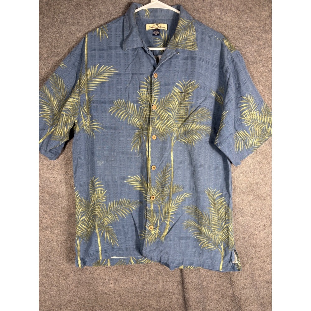 Tommy Bahama Relax Mens Medium Blue Silk Palm Tree Tropical Camp Shirt Short Slv